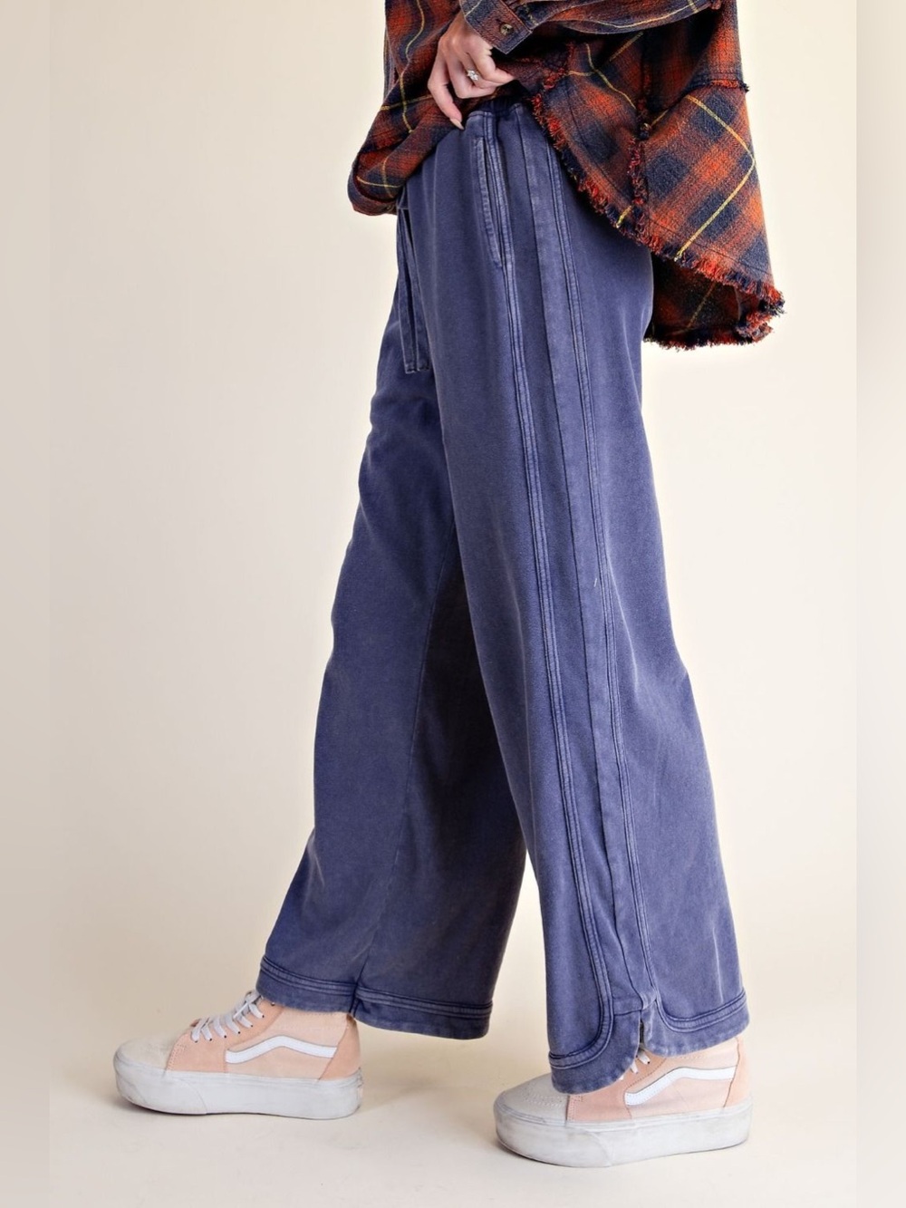 Easel Faded Navy Washed Terry Knit Pants - Picture 2 of 4
